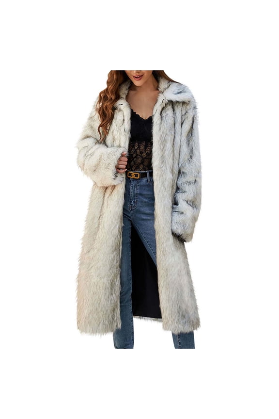 Women's Faux Fur Long Coat Plush Lapel Collar Belted Waist Winter Jacket for Elegant Formal Occasions White L