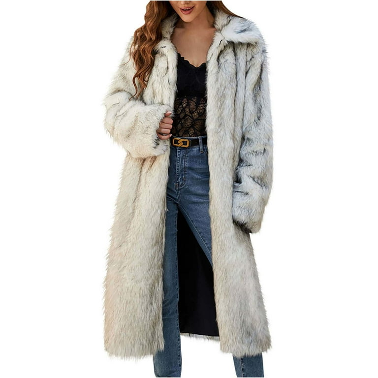 Zpanxa Women's Faux Fur Long Coat Plush Lapel Collar Belted Waist