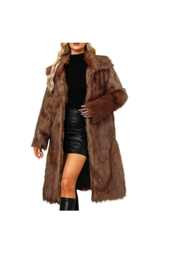Women's Faux Fur Long Coat V-Neck Open Front Elegant Evening Wear Solid Color Winter Formal Jacket Coffee XXL