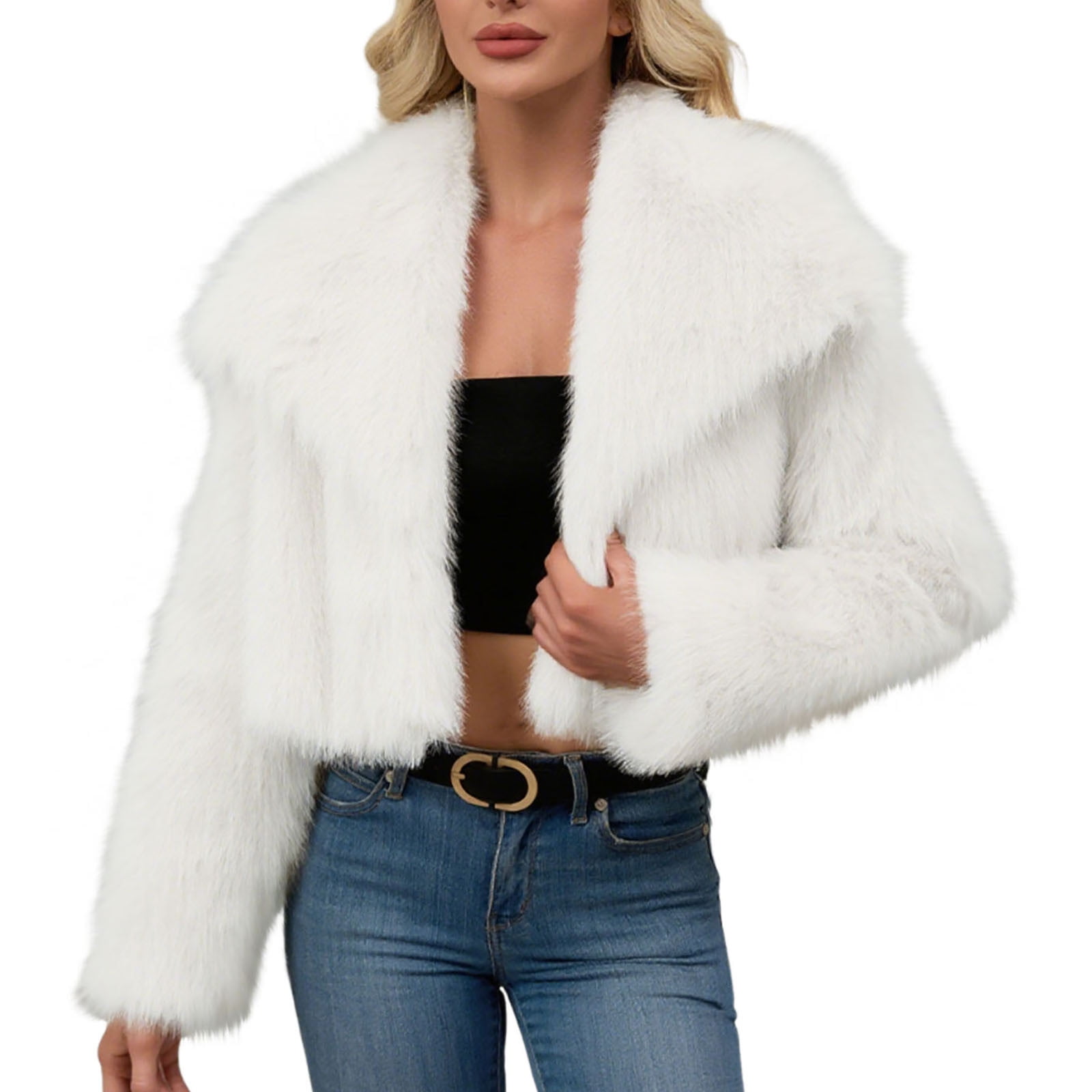 Zpanxa Women's Faux Fur Long Coat V-Neck Open Front Elegant