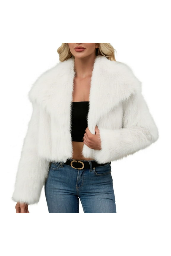 Women's Faux Fur Long Coat V-Neck Open Front Elegant Evening Wear Solid Color Winter Formal Jacket White S