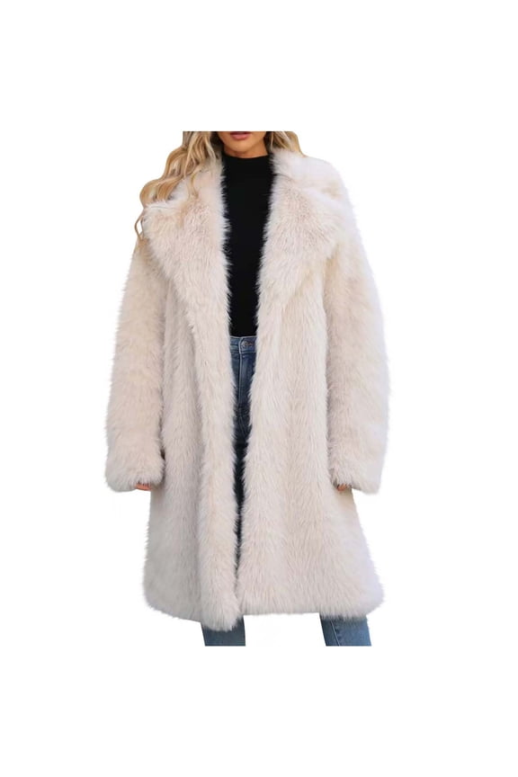 Women's Faux Fur Long Coat V-Neck Open Front Solid Color Elegant Winter Formal Wear Beige L