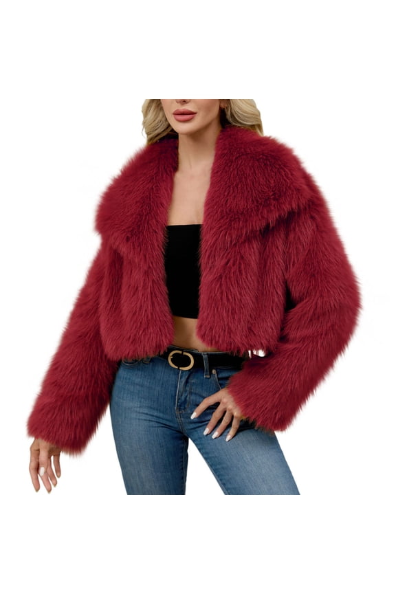 Women's Faux Fur Notch Lapel Coat Double Breasted Plush Long Winter Jacket for Formal Events and Evening Wear Wine S