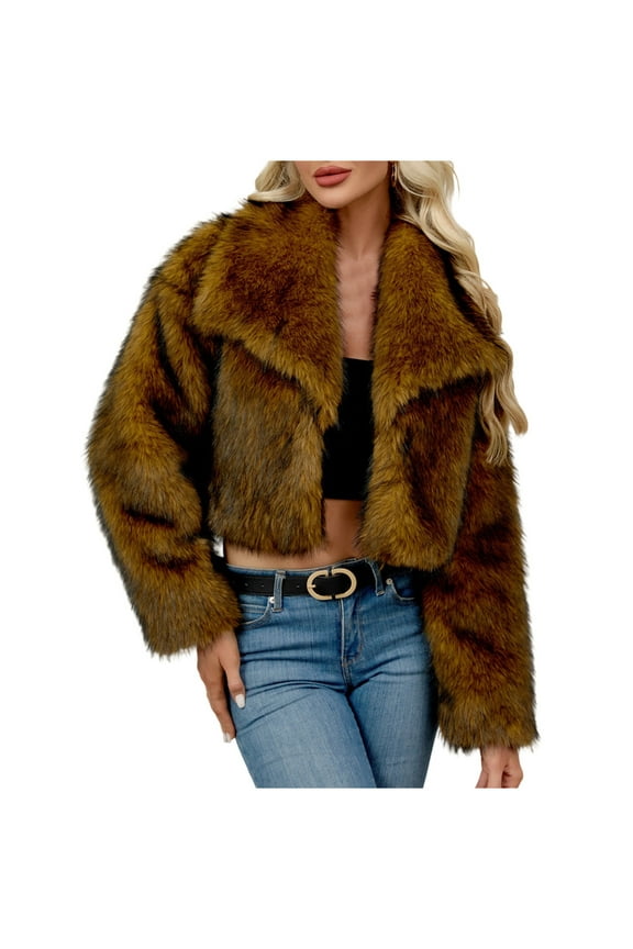 Women's Faux Fur Notch Lapel Coat Double Breasted Winter Jacket for Formal Events and Evening Wear Brown XXL