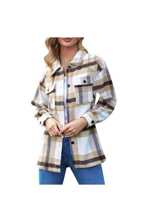 Women's Flannel Plaid Shacket Long Sleeve Button Front with Side Pockets Cozy Casual Lounge Wear for Women Beige XXL