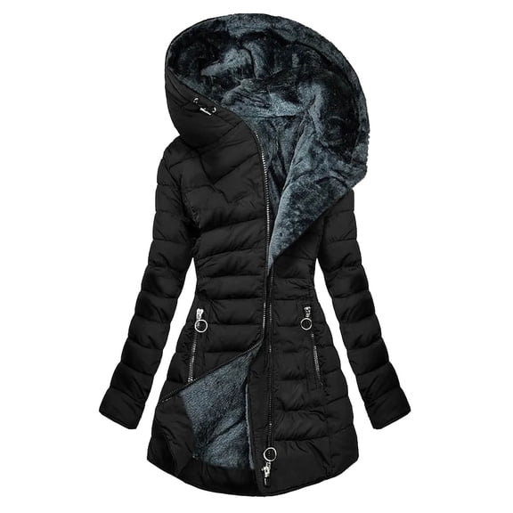 Zpanxa Women's Fleece Lined Hooded Jacket Solid Color, Full Zip Thermal Quilted Coat for Fall Winter