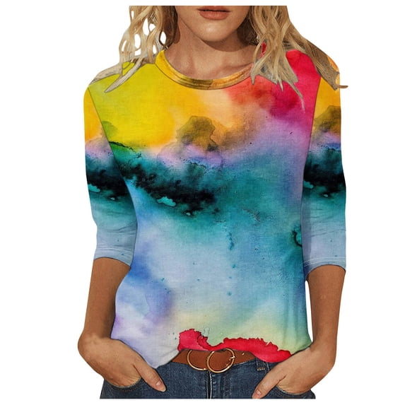 Zpanxa Women's Floral Print 3/4 Sleeve Blouse Round Neck Casual T-Shirt Loose Fit Breathable Summer Top