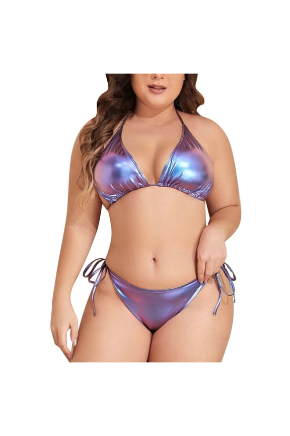 Women's Foil Print Plunge Neck Bikini Set, Asymmetric Top Removable Soft Cups, Low Rise Classic Bottom Two Piece Swimsuit, Shiny Metallic Beach Vacation Pool Party Wear