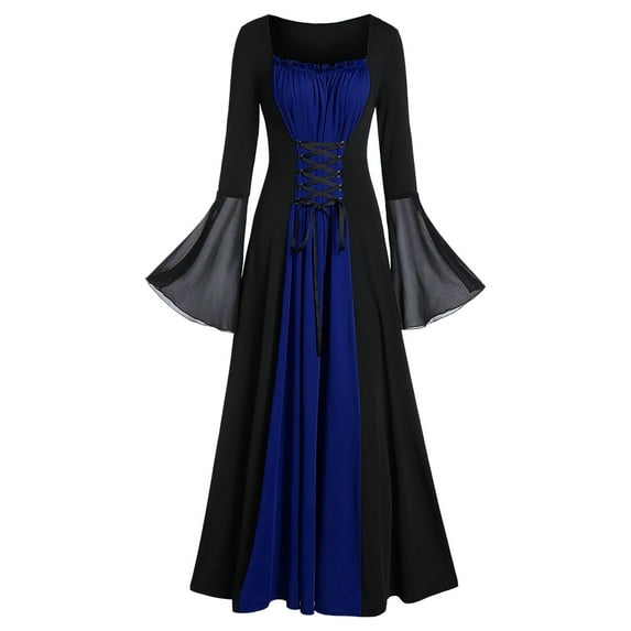 Zpanxa Women's Gothic Vintage Maxi Dress, Mesh Bell Sleeve Dress, Halloween Cosplay Court Banquet Dress, Plus Size Women's Dark Gothic Retro Flared Sleeve Long Dress Blue S