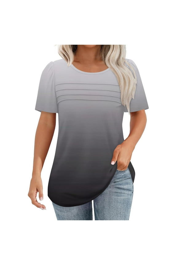 Women's Gradient Print Round Neck Short Sleeve Blouse, Color Block Ombre Top with Unique Chest Shirring and Ruffle Accents for Casual Wear