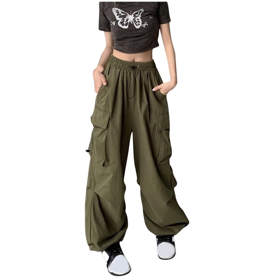 Zpanxa Women's High Waist Wide Leg Pants with Drawstring Waist Solid Color Office Trousers Comfort Fit Casual Work Pants with Pockets for Everyday Wear Army Green XXL