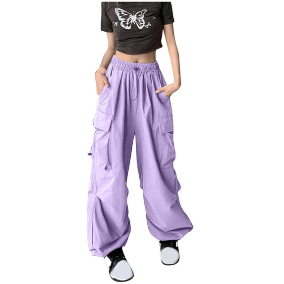 Zpanxa Women's High Waist Wide Leg Pants with Drawstring Waist Solid Color Office Trousers Comfort Fit Casual Work Pants with Pockets for Everyday Wear Purple L