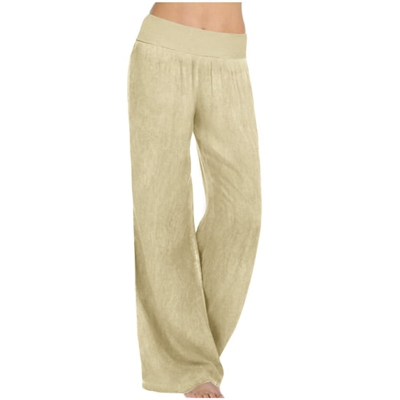 Zpanxa Women's High Waist Wide Leg Pants Solid Color Elastic Stretch Comfort Fit Full Length Casual Trousers for Everyday Wear Beige L