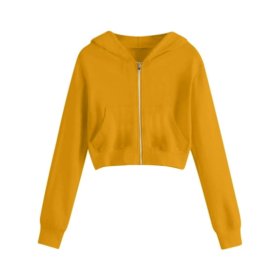 Zpanxa Women's Hooded Jacket Solid Color Long Sleeve with Zipper Pockets Casual Soft Outerwear Blouse for Daily Wear Yellow S