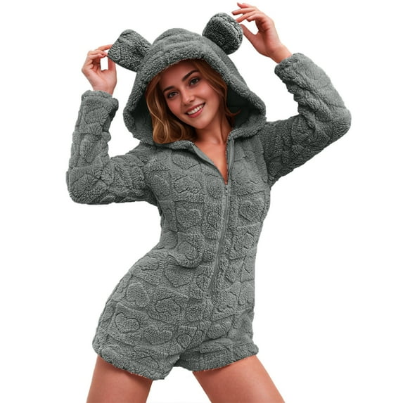 Zpanxa Women's Hooded Jumpsuit Cozy Fleece Loungewear Solid Color Pajamas with Ears Soft Plush Comfort Home Clothes Relaxing Sleepwear Gray XXL