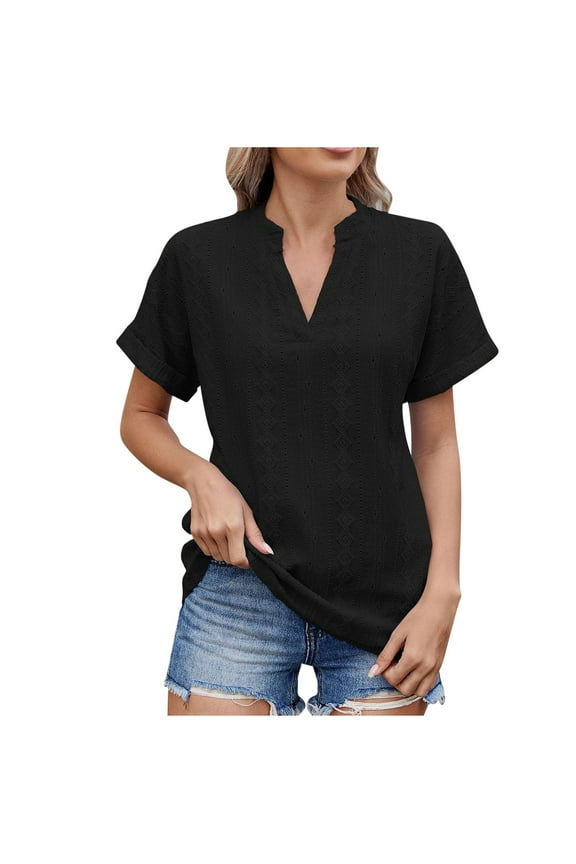 Women's Jacquard V-Neck T-Shirt, Raglan Sleeve Casual Top, Loose Fit Short Sleeve Blouse with Textured Pattern for Spring Summer