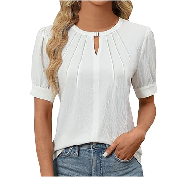 Zpanxa Women's Keyhole Neck Top, Casual Short Sleeve Shirt with Pleated Sleeves, Solid Color Relaxed Fit Blouse for Summer