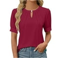 thumbnail image 1 of Zpanxa Women's Keyhole Neck Top, Casual Short Sleeve Shirt with Pleated Sleeves, Solid Color Relaxed Fit Blouse for Summer, 1 of 8