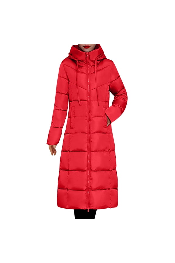Women's Knee Length Winter Coat with Hood Thick Insulated Warm Parka Jacket Long Sleeve Comfort Fit Waterproof Windproof Outerwear for Cold Weather Red 3XL