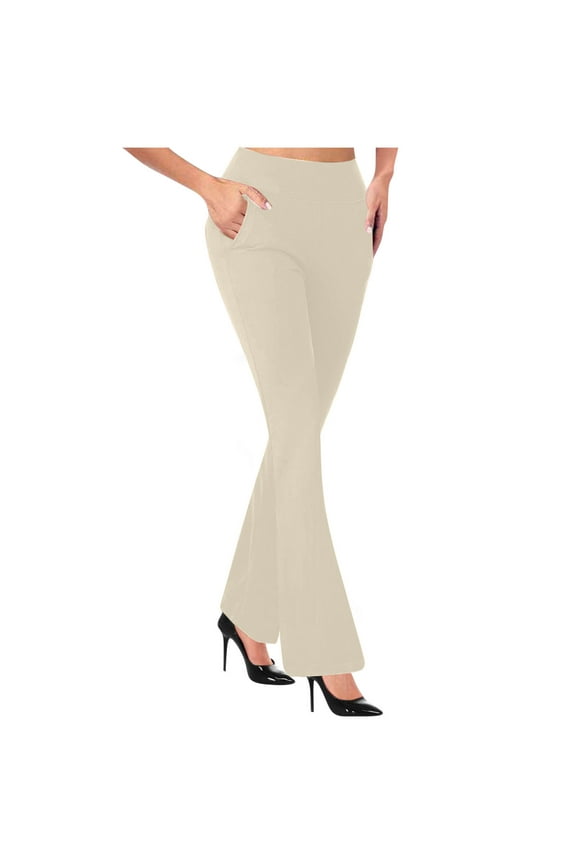 Women's Knit Pull-On Flare Pants High Waist Soft Stretch Slim Flare Leggings Solid Color Comfort Fit Trousers for Casual Work to Wear Beige S
