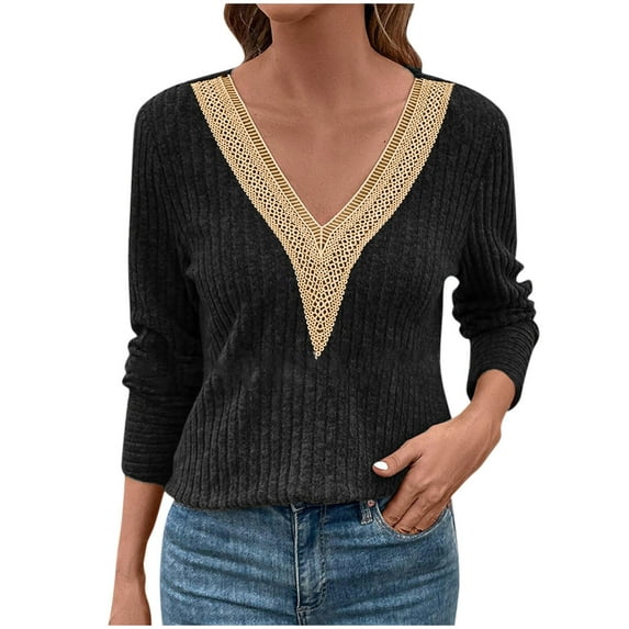 Zpanxa Women's Lace Insert Casual Top, Long Sleeve V-Neck Pullover Blouse with Delicate Details for a Chic and Feminine Style Black S