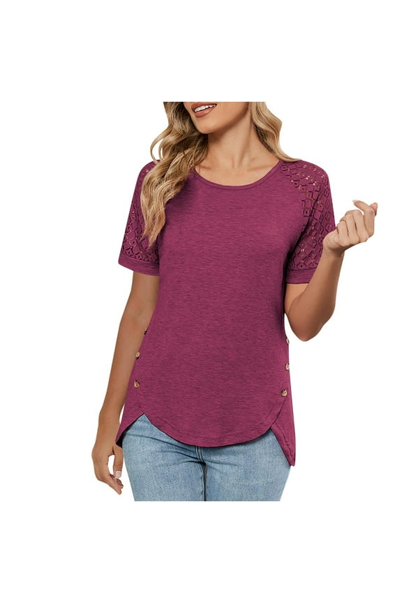 Women's Lace Trim Short Sleeve Top, Round Neck Blouse with Button Front Detail and Asymmetrical Hem, Casual Chic Solid Color Shirt