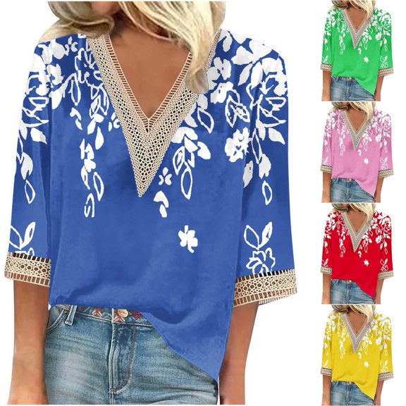 Zpanxa Women's Lace Trim T-Shirt 3/4 Sleeve Round Neck Printed Pullover Top Casual Feminine Blouse