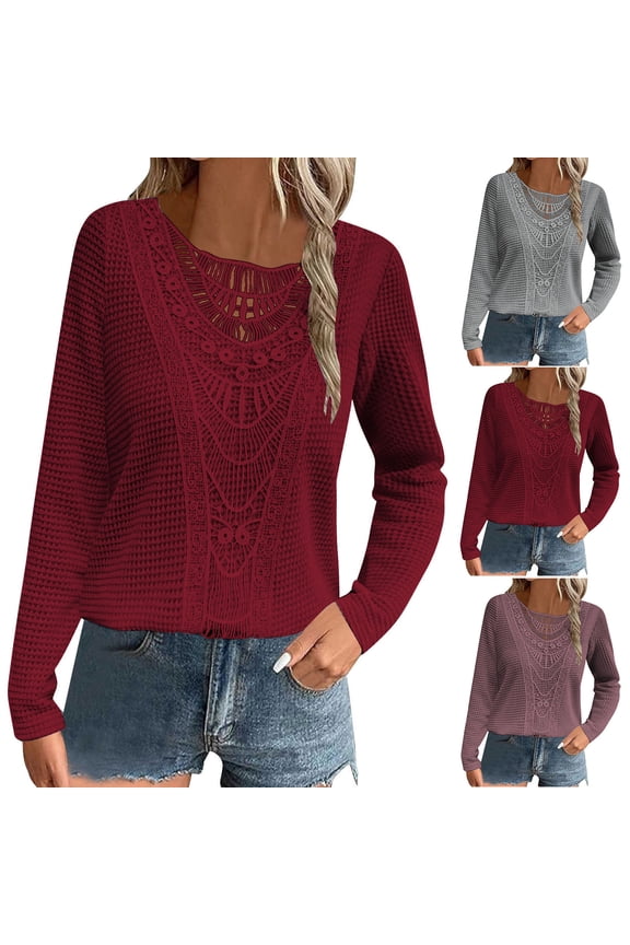 Women's Lace Trim T-Shirt Long Sleeve Pineapple Print Round Neck Unique Patchwork Top Feminine Floral Summer Blouse