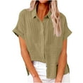 thumbnail image 1 of Zpanxa Women's Lapel Collar Button Front Shirt, Short Sleeve Ruffle Detail Blouse in Solid Color for Casual Loose Fit, 1 of 7