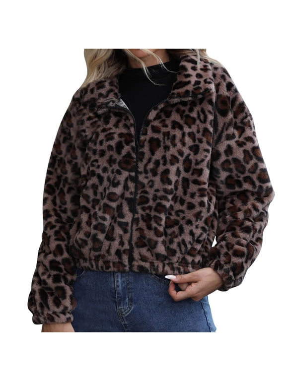 Women's Leopard Print Sherpa Jacket Cozy Fleece Lined Short Zip Up Casual Winter Outerwear Animal Pattern