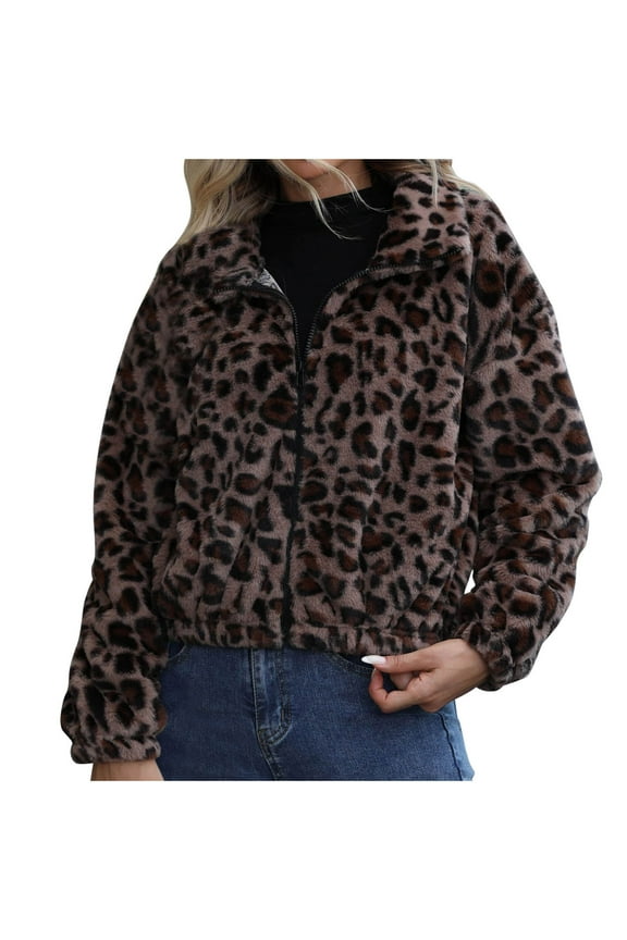 Women's Leopard Print Sherpa Jacket Cozy Fleece Lined Short Zip Up Casual Winter Outerwear Animal Pattern