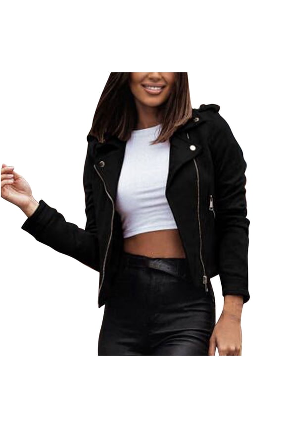 Women's Lightweight Classic Casual Lapel Pocket Short Biker Moto Jacket Fashion Casual Women Solid Color Long Sleeve Cardigan Short Zipper Top Outwear Black L