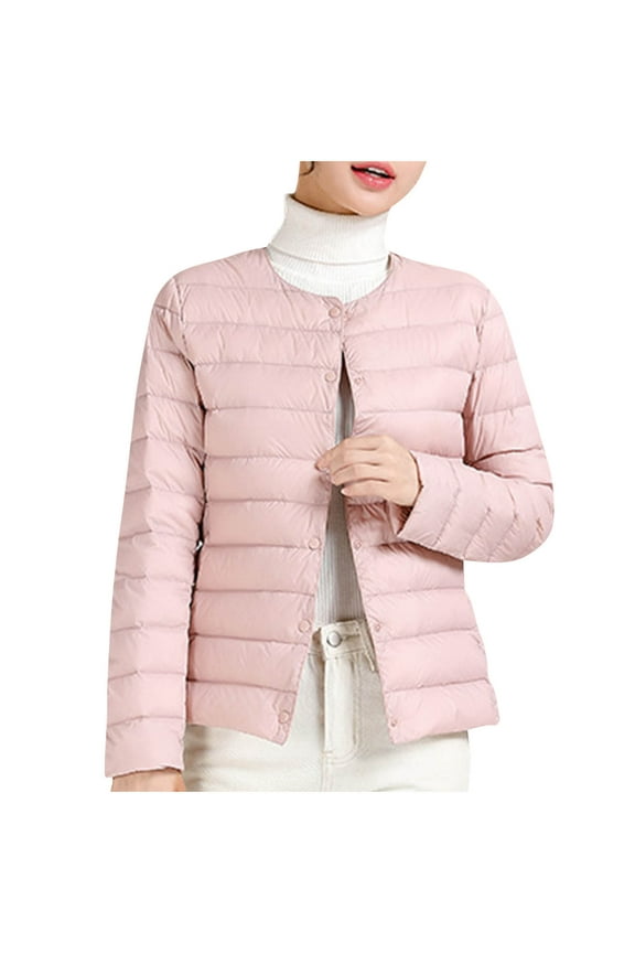 Women's Lightweight Down Jacket Short Round Neck Puffer Coat Thermal Insulated Long Sleeve Spring Fall Casual Outerwear Pink M
