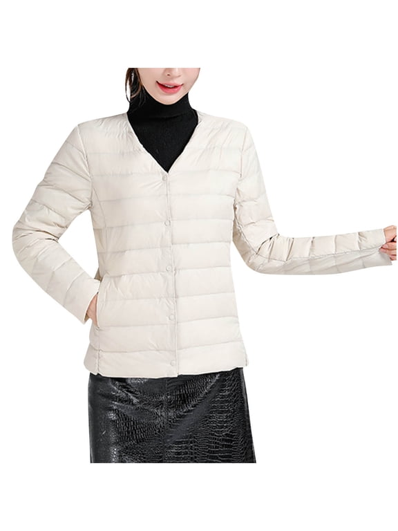 Women's Lightweight Down Jacket V-Neck Short Puffer Coat Packable Thermal Insulated Nylon Shell for Spring Fall Beige 3XL