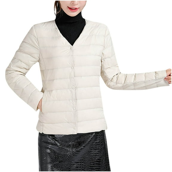 Zpanxa Women's Lightweight Down Jacket V-Neck Short Puffer Coat Packable Thermal Insulated Nylon Shell for Spring Fall Beige L