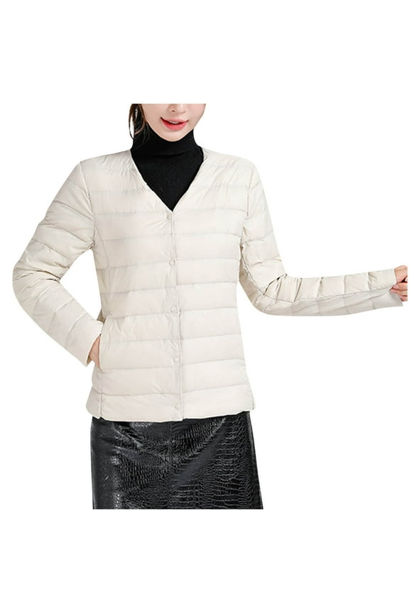 Women's Lightweight Down Jacket V-Neck Short Puffer Coat Packable Thermal Insulated Nylon Shell for Spring Fall Beige L