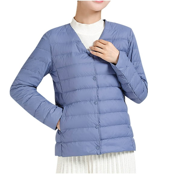 Zpanxa Women's Lightweight Down Jacket V-Neck Short Puffer Coat Packable Thermal Insulated Nylon Shell for Spring Fall Blue M