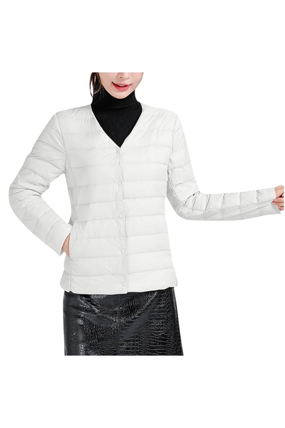 Women's Lightweight Down Jacket V-Neck Short Puffer Coat Packable Thermal Insulated Nylon Shell for Spring Fall White L