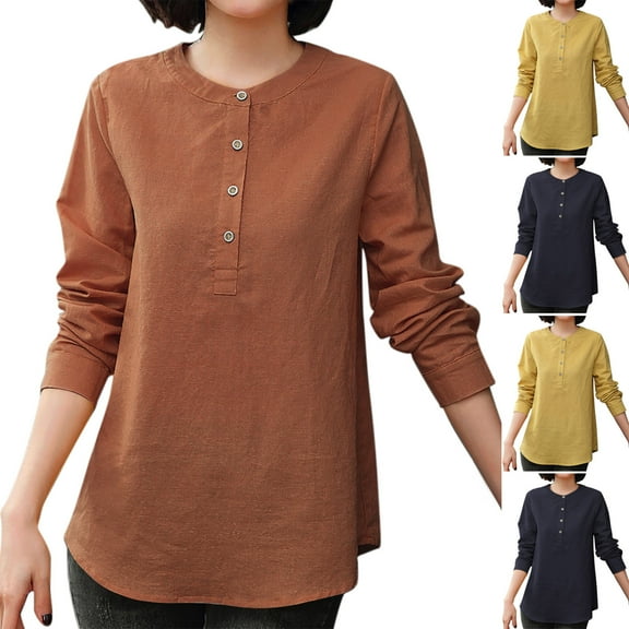 Zpanxa Women's Linen Blouse Long Sleeve Loose Fit Casual Shirt Boho Chic Summer Top Solid Color Relaxed Tunic