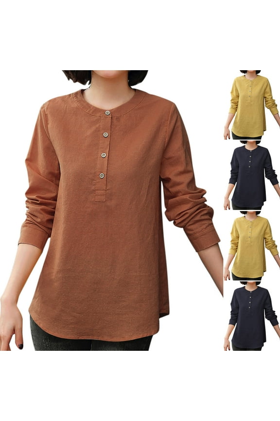 Women's Linen Blouse Long Sleeve Loose Fit Casual Shirt Boho Chic Summer Top Solid Color Relaxed Tunic
