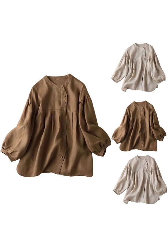 Women's Linen Lantern Sleeve Shirt Long Sleeve Round Neck Solid Color Boho Chic Casual Blouse