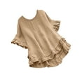 thumbnail image 1 of Zpanxa Women's Linen-Like Blouse Short Sleeve Round Neck Solid Color Top with Ruffle Detail Casual Button-Down Loose Fit Spring Summer T-Shirt, 1 of 5