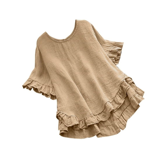 Zpanxa Women's Linen-Like Blouse Short Sleeve Round Neck Solid Color Top with Ruffle Detail Casual Button-Down Loose Fit Spring Summer T-Shirt
