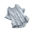 thumbnail image 1 of Zpanxa Women's Linen-Like Blouse Short Sleeve Round Neck Solid Color Top with Ruffle Detail Casual Button-Down Loose Fit Spring Summer T-Shirt, 1 of 5