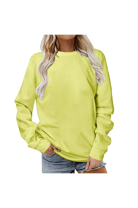 Women's Long Sleeve Crewneck Sweatshirt Casual Solid Color Pullover Tunic Top Soft French Terry Fabric Loose Fit Lounge Comfortable Blouse Yellow D L