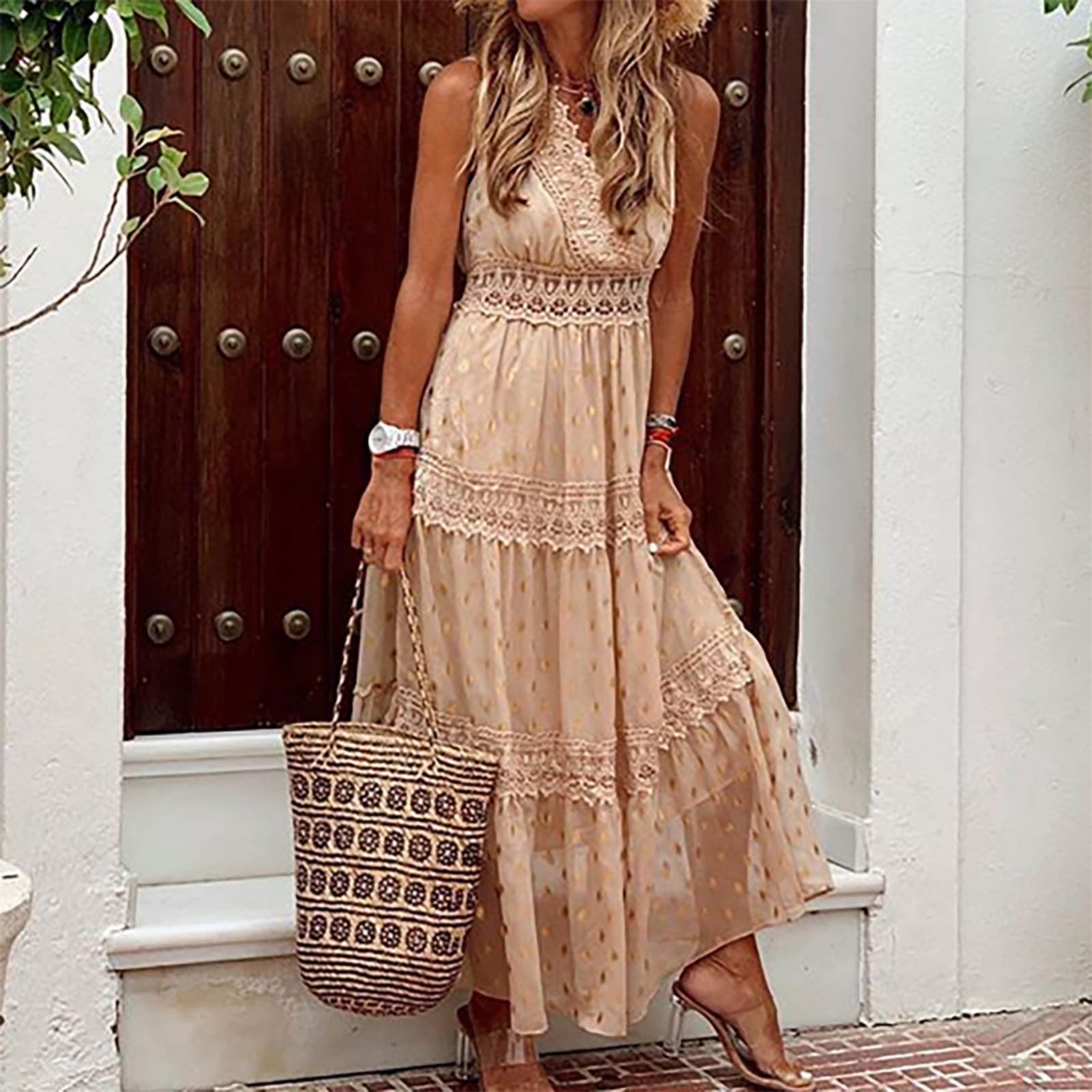 Konbeca Women's Maxi Dress, Wedding Guest Dress for Photoshoot, Lace Patchwork Vest Long Dress, Sleeveless Print Hawaiian Beach Long Dress Rainbow Konbeca Women's Maxi Dress, Wedding Guest Dress for Photoshoot, Lace Patchwork Vest Long Dress, Sleeveless Print Hawaiian Beach Long Dress Rainbow