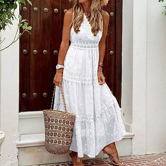 Zpanxa Women's Maxi Dress, Wedding Guest Dress for Photoshoot, Lace Patchwork Vest Long Dress, Sleeveless Print Hawaiian Beach Long Dress Rainbow Dress White M