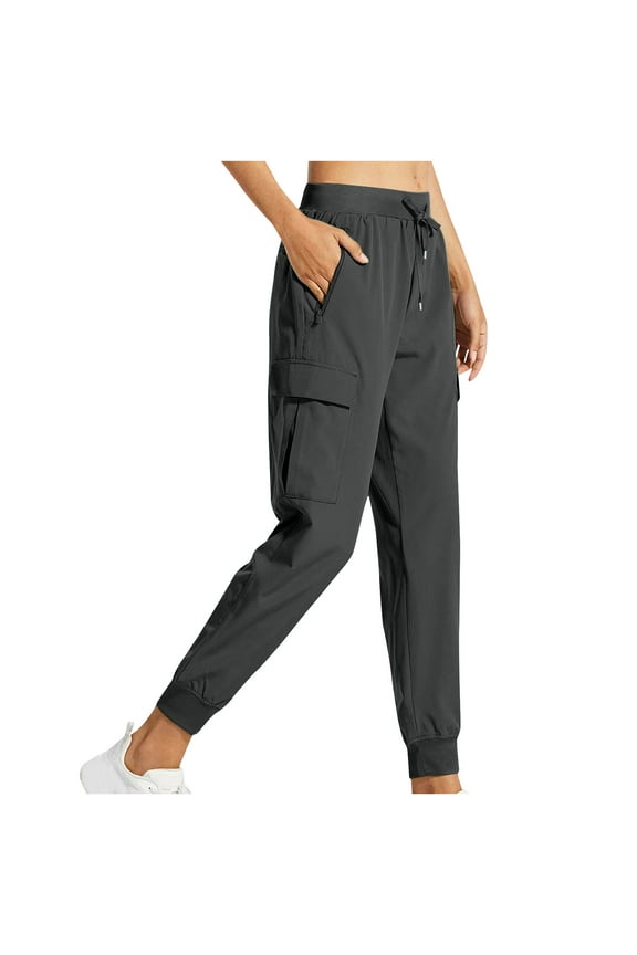 Women's Nylon Hiking Pants Quick-Dry Elastic Drawstring Waist with Pockets Athletic Workout Joggers for Outdoor Fitness and Leisure Wear Dark Gray L