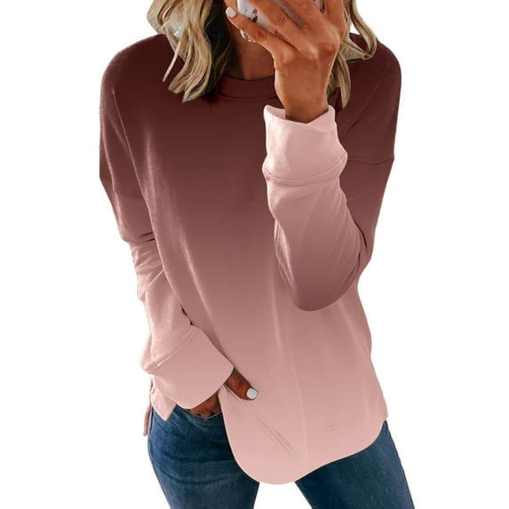 Zpanxa Women's Ombre Dyed Crewneck Pullover, Long Sleeve Casual Sweatshirt with a Subtle Color Gradient for a Trendy Streetwear Look Coffee XL