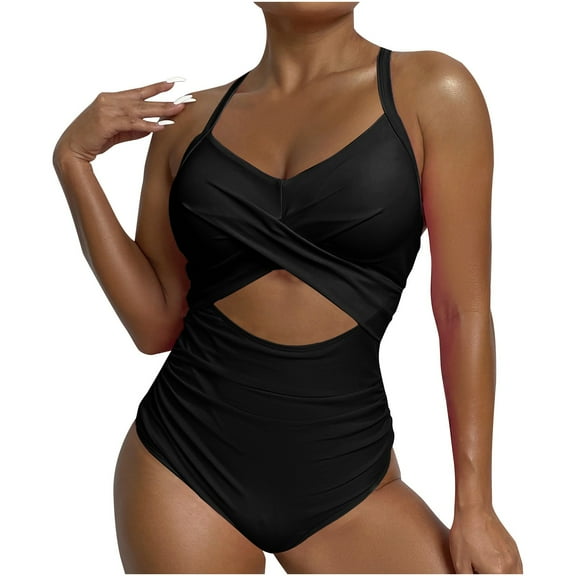 Zpanxa Women's One Piece Swimsuits Tummy Control Front Cross Bathing Suits Black A L